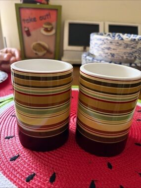 Sears Striped Ceramic Mugs in Brown, Green, Red and Cream
